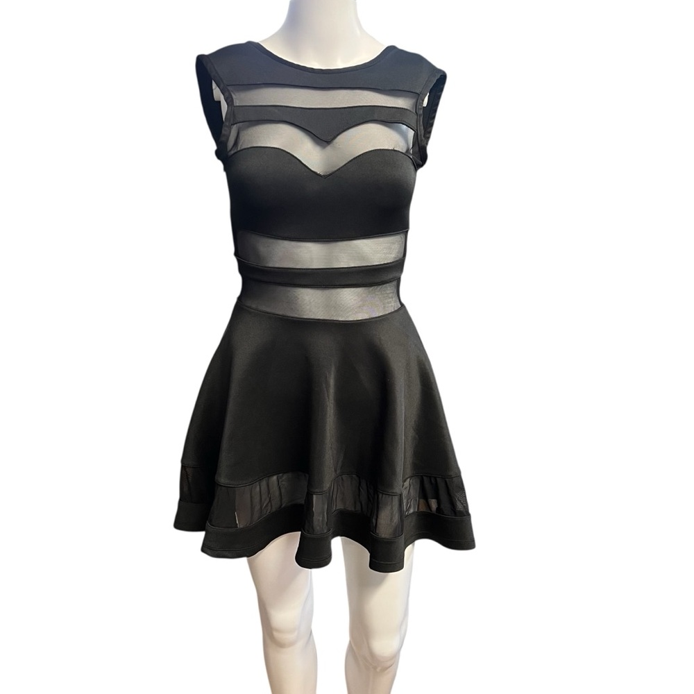 Womenโs Black & Sheer Panel Fit and Flare Mini Dress Sz. Small
